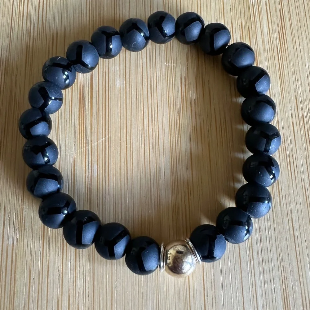 Matte w/ Polished Geo Design Onyx Stretch Bracelet w/ Gold & Silver Spacers